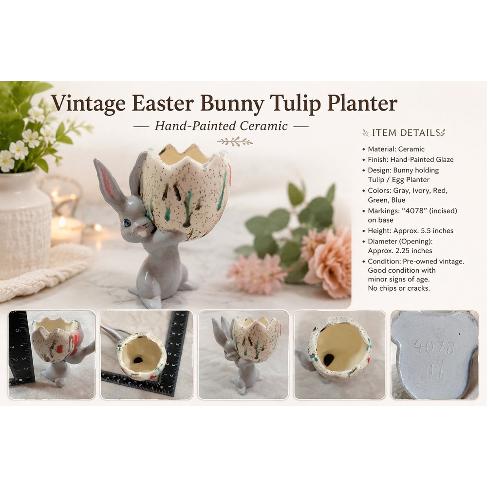 Vintage Easter Bunny Tulip Planter Hand Painted Ceramic Gray Rabbit Egg 4078
